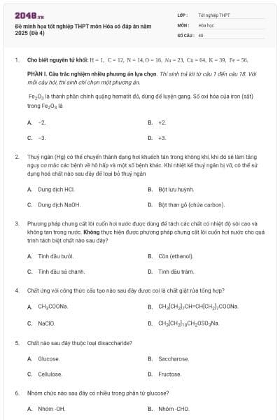 Đề minh họa tốt nghiệp THPT môn Hóa có đáp án năm 2025 (Đề 4)