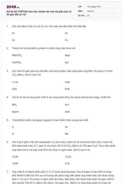 Đề thi thử THPTQG Hóa Học chuẩn cấu trúc bộ giáo dục có lời giải (Đề số 10)