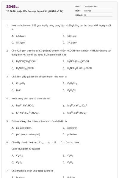 15 đề Ôn luyện Hóa học cực hay có lời giải (Đề số 14)
