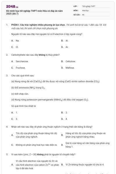 Đề minh họa tốt nghiệp THPT môn Hóa có đáp án năm 2025 (Đề 7)