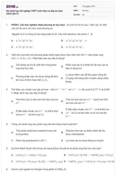 Đề minh họa tốt nghiệp THPT môn Hóa có đáp án năm 2025 (Đề 9)