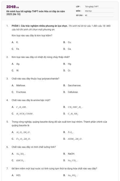 Đề minh họa tốt nghiệp THPT môn Hóa có đáp án năm 2025 (Đề 10)