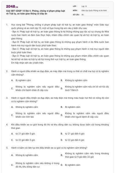 Giải SBT GDQP 10 Bài 4. Phòng, chống vi phạm pháp luật về Trật tự, an toàn giao thông có đáp án