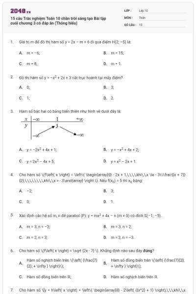 15 câu Trắc nghiệm Toán 10 chân trời sáng tạo Bài tập cuối chương 3 có đáp án (Thông hiểu)