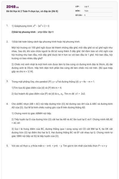 Đề thi Học kì 2 Toán 9 chọn lọc, có đáp án (Đề 8)