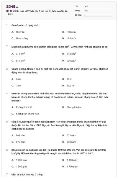 Bộ 10 đề thi cuối kì 2 Toán lớp 5 Kết nối tri thức có đáp án - Đề 4