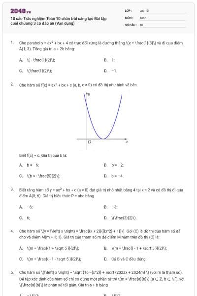 10 câu Trắc nghiệm Toán 10 chân trời sáng tạo Bài tập cuối chương 3 có đáp án (Vận dụng)