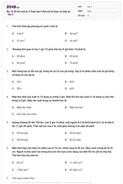 Bộ 10 đề thi cuối kì 2 Toán lớp 5 Kết nối tri thức có đáp án - Đề 5
