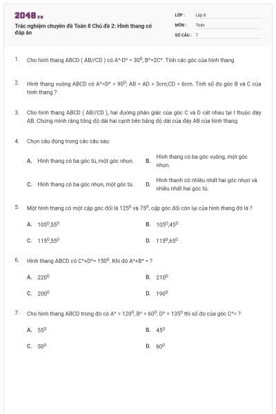 Trắc nghiệm chuyên đề Toán 8 Chủ đề 2: Hình thang có đáp án