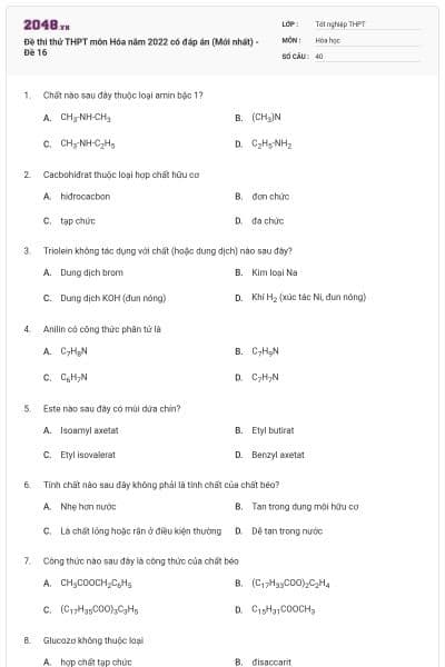 Đề thi thử THPT môn Hóa năm 2022 có đáp án (Mới nhất) - Đề 16