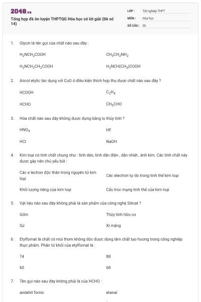 Tổng hợp đề ôn luyện THPTQG Hóa học có lời giải (Đề số 14)