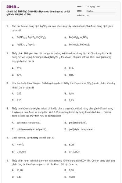 Đề thi thử THPTQG 2019 Hóa Học mức độ nâng cao có lời giải chi tiết (Đề số 10)