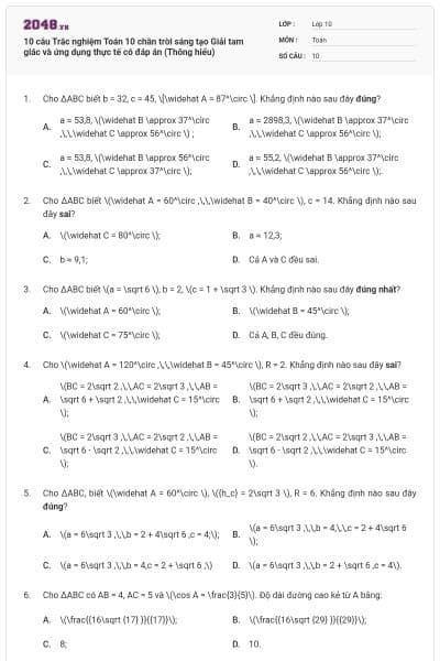 10 câu Trắc nghiệm Toán 10 chân trời sáng tạo Giải tam giác và ứng dụng thực tế có đáp án (Thông hiểu)