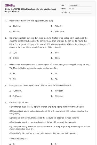 Đề thi thử THPTQG Hóa Học chuẩn cấu trúc bộ giáo dục có lời giải (Đề số 8)