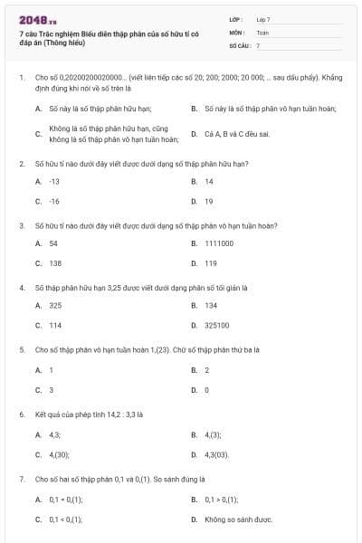 7 câu Trắc nghiệm Biểu diễn thập phân của số hữu tỉ có đáp án (Thông hiểu)