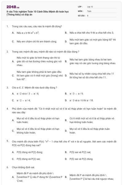 8 câu Trắc nghiệm Toán 10 Cánh Diều Mệnh đề toán học (Thông hiểu) có đáp án