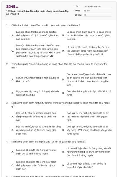 1530 câu trắc nghiệm Giáo dục quốc phòng an ninh có đáp án- Phần 11