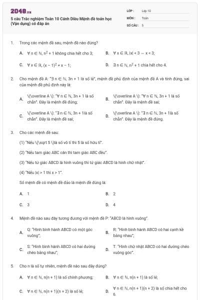 5 câu Trắc nghiệm Toán 10 Cánh Diều Mệnh đề toán học (Vận dụng) có đáp án