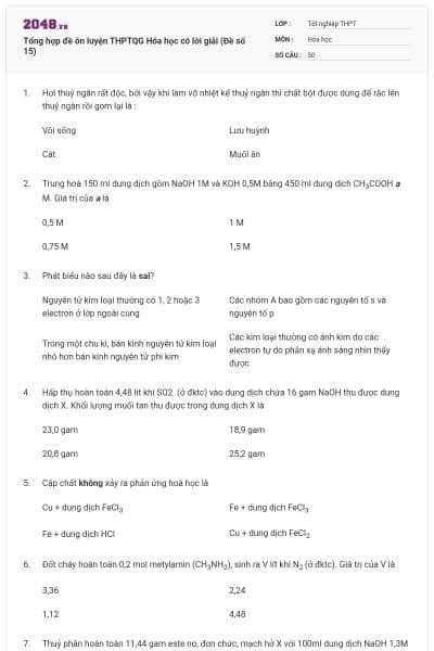 Tổng hợp đề ôn luyện THPTQG Hóa học có lời giải (Đề số 15)