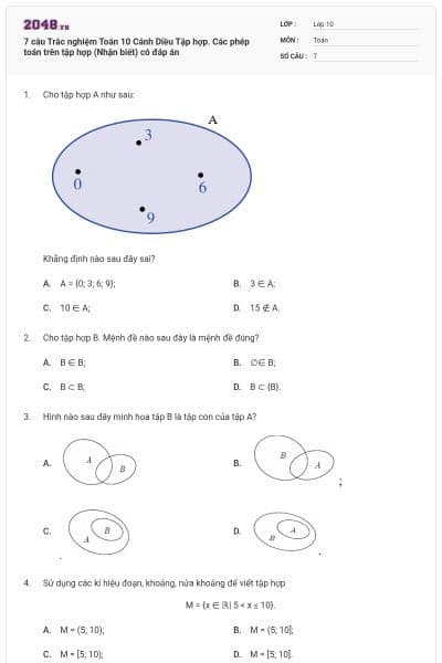7 câu Trắc nghiệm Toán 10 Cánh Diều Tập hợp. Các phép toán trên tập hợp (Nhận biết) có đáp án
