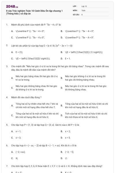 8 câu Trắc nghiệm Toán 10 Cánh Diều Ôn tập chương 1 (Thông hiểu ) có đáp án