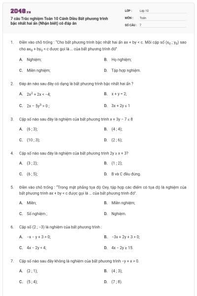7 câu Trắc nghiệm Toán 10 Cánh Diều Bất phương trình bậc nhất hai ẩn (Nhận biết) có đáp án