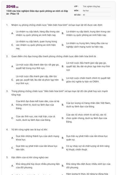 1530 câu trắc nghiệm Giáo dục quốc phòng an ninh có đáp án- Phần 18
