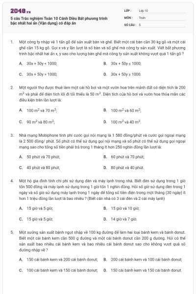 5 câu Trắc nghiệm Toán 10 Cánh Diều Bất phương trình bậc nhất hai ẩn (Vận dụng) có đáp án
