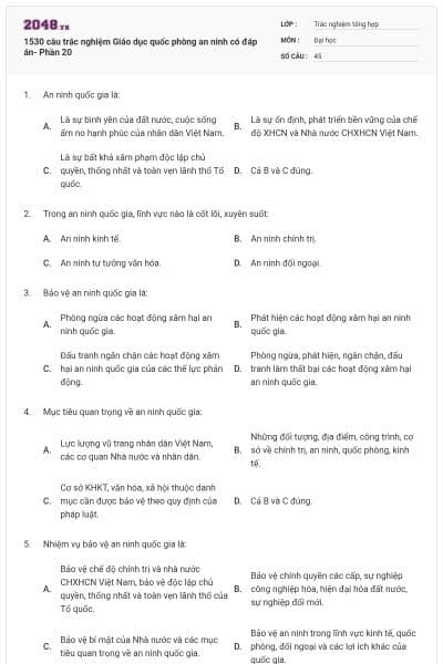 1530 câu trắc nghiệm Giáo dục quốc phòng an ninh có đáp án- Phần 20