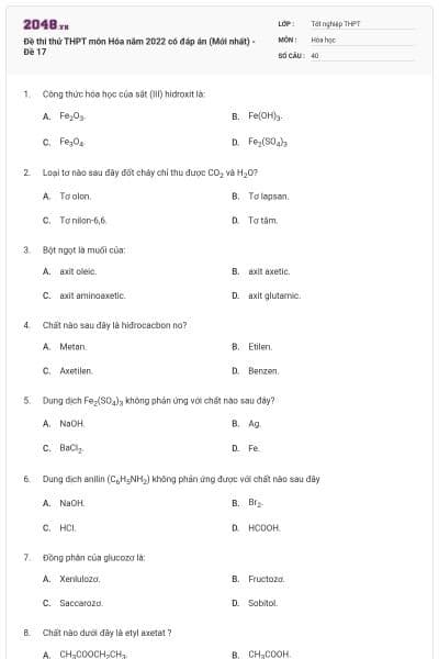 Đề thi thử THPT môn Hóa năm 2022 có đáp án (Mới nhất) - Đề 17