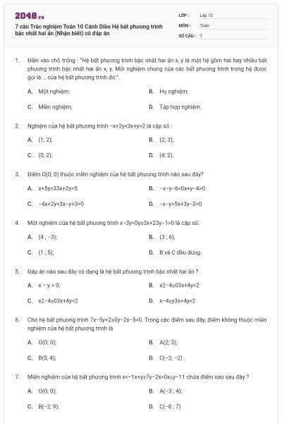 7 câu Trắc nghiệm Toán 10 Cánh Diều Hệ bất phương trình bậc nhất hai ẩn (Nhận biết) có đáp án