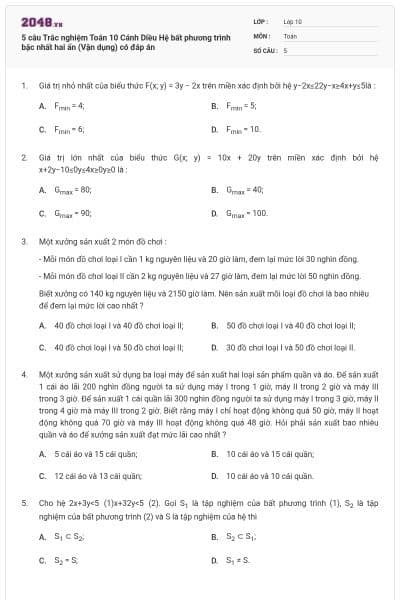 5 câu Trắc nghiệm Toán 10 Cánh Diều Hệ bất phương trình bậc nhất hai ẩn (Vận dụng) có đáp án