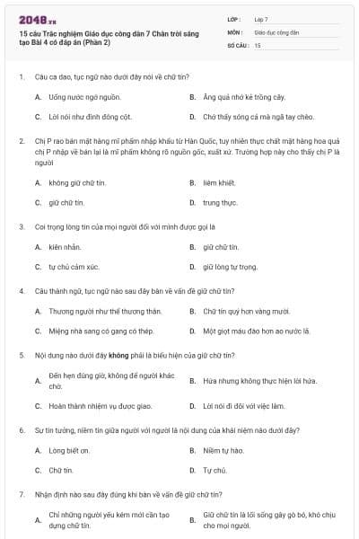 15 câu Trắc nghiệm Giáo dục công dân 7 Chân trời sáng tạo Bài 4 có đáp án (Phần 2)