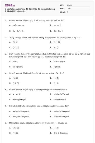 7 câu Trắc nghiệm Toán 10 Cánh Diều Bài tập cuối chương 2 (Nhận biết) có đáp án
