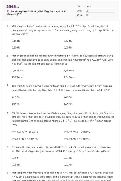 50 câu trắc nghiệm Chất rắn, Chất lỏng, Sự chuyển thể nâng cao (P2)