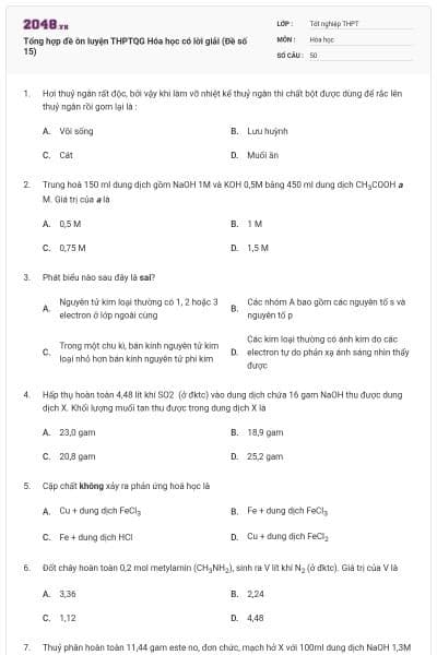Tổng hợp đề ôn luyện THPTQG Hóa học có lời giải (Đề số 15)
