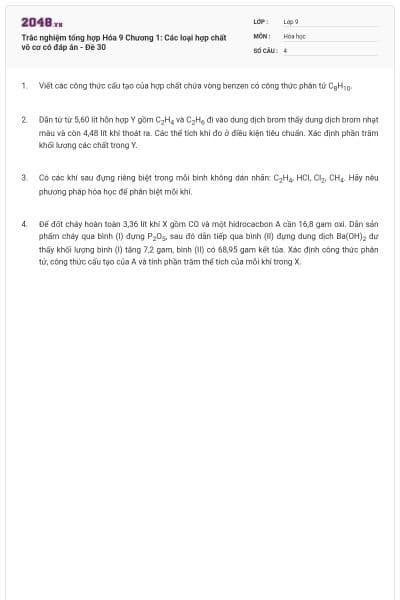 Trắc nghiệm tổng hợp Hóa 9 Chương 1: Các loại hợp chất vô cơ có đáp án - Đề 30