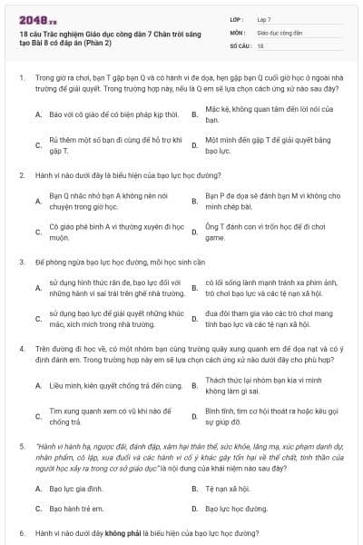 18 câu Trắc nghiệm Giáo dục công dân 7 Chân trời sáng tạo Bài 8 có đáp án (Phần 2)