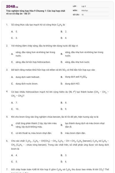 Trắc nghiệm tổng hợp Hóa 9 Chương 1: Các loại hợp chất vô cơ có đáp án - Đề 31