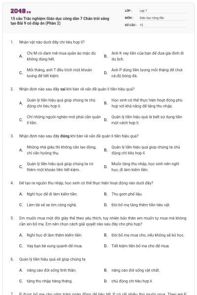 15 câu Trắc nghiệm Giáo dục công dân 7 Chân trời sáng tạo Bài 9 có đáp án (Phần 2)