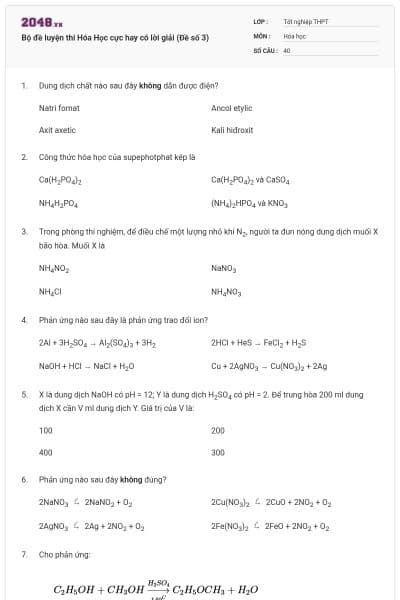 Bộ đề luyện thi Hóa Học cực hay có lời giải (Đề số 3)