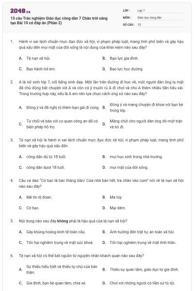 15 câu Trắc nghiệm Giáo dục công dân 7 Chân trời sáng tạo Bài 10 có đáp án (Phần 2)
