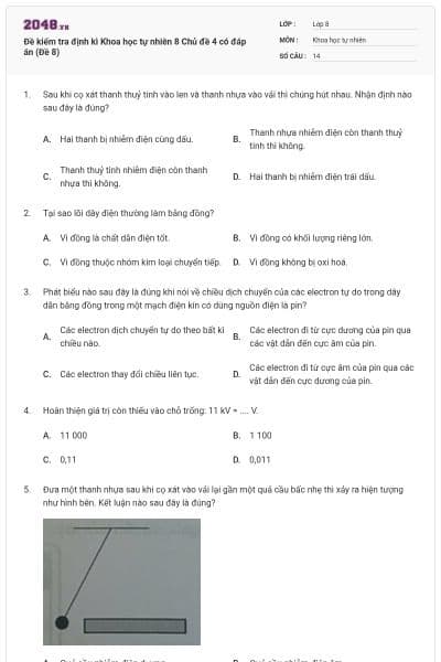 Đề kiểm tra định kì Khoa học tự nhiên 8 Chủ đề 4 có đáp án (Đề 8)