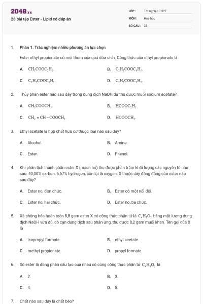 28 bài tập Ester - Lipid có đáp án
