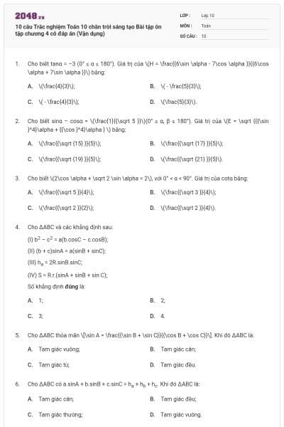 10 câu Trắc nghiệm Toán 10 chân trời sáng tạo Bài tập ôn tập chương 4 có đáp án (Vận dụng)