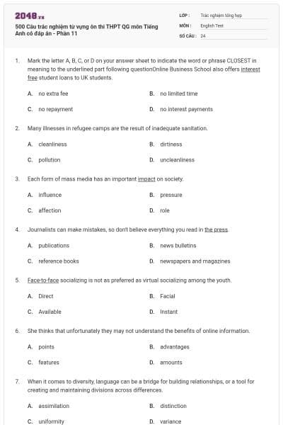 500 Câu trắc nghiệm từ vựng ôn thi THPT QG môn Tiếng Anh có đáp án - Phần 11