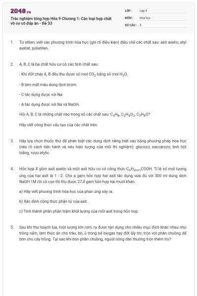 Trắc nghiệm tổng hợp Hóa 9 Chương 1: Các loại hợp chất vô cơ có đáp án - Đề 33