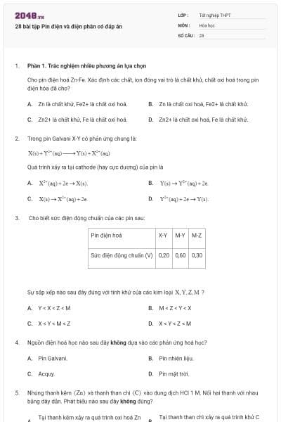 28 bài tập Pin điện và điện phân có đáp án