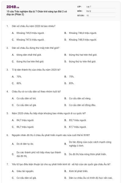 15 câu Trắc nghiệm Địa lý 7 Chân trời sáng tạo Bài 2 có đáp án (Phần 2)