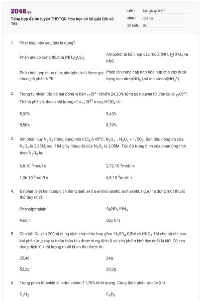 Tổng hợp đề ôn luyện THPTQG Hóa học có lời giải (Đề số 16)